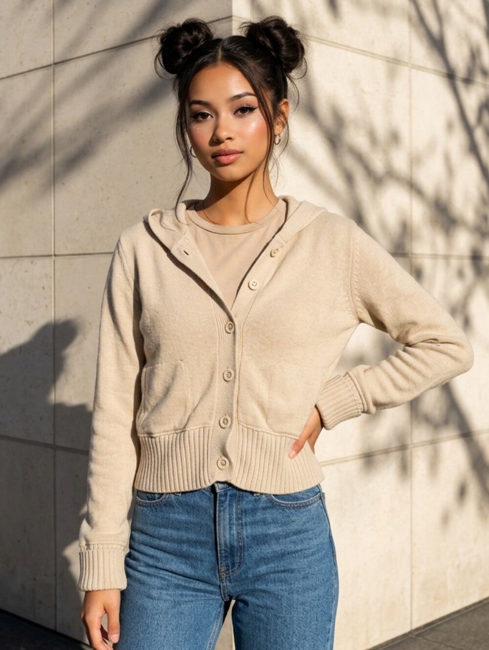 Rare Vintage 90s Y2K STAMP 10 Beige Knit Hooded Cardigan Sweater L EUC